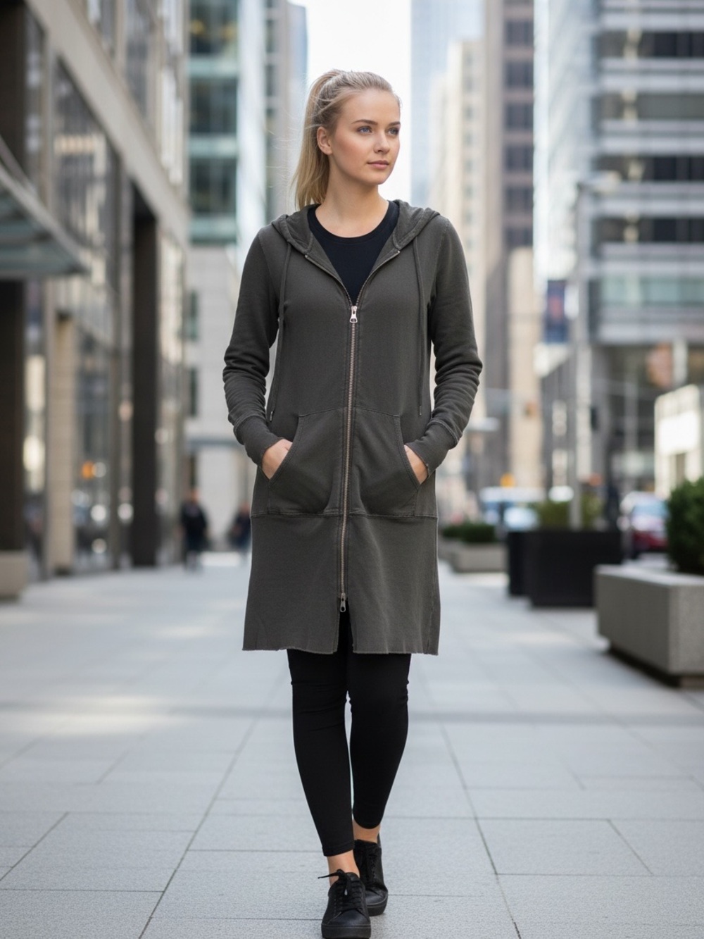 Allen Allen dark olive green tunic style long hooded zip up jacket